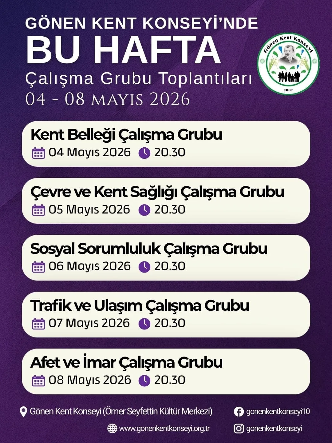 ÇALIŞMA GRUBU MAYIS AYI TOPLANTI TAKVİMİ